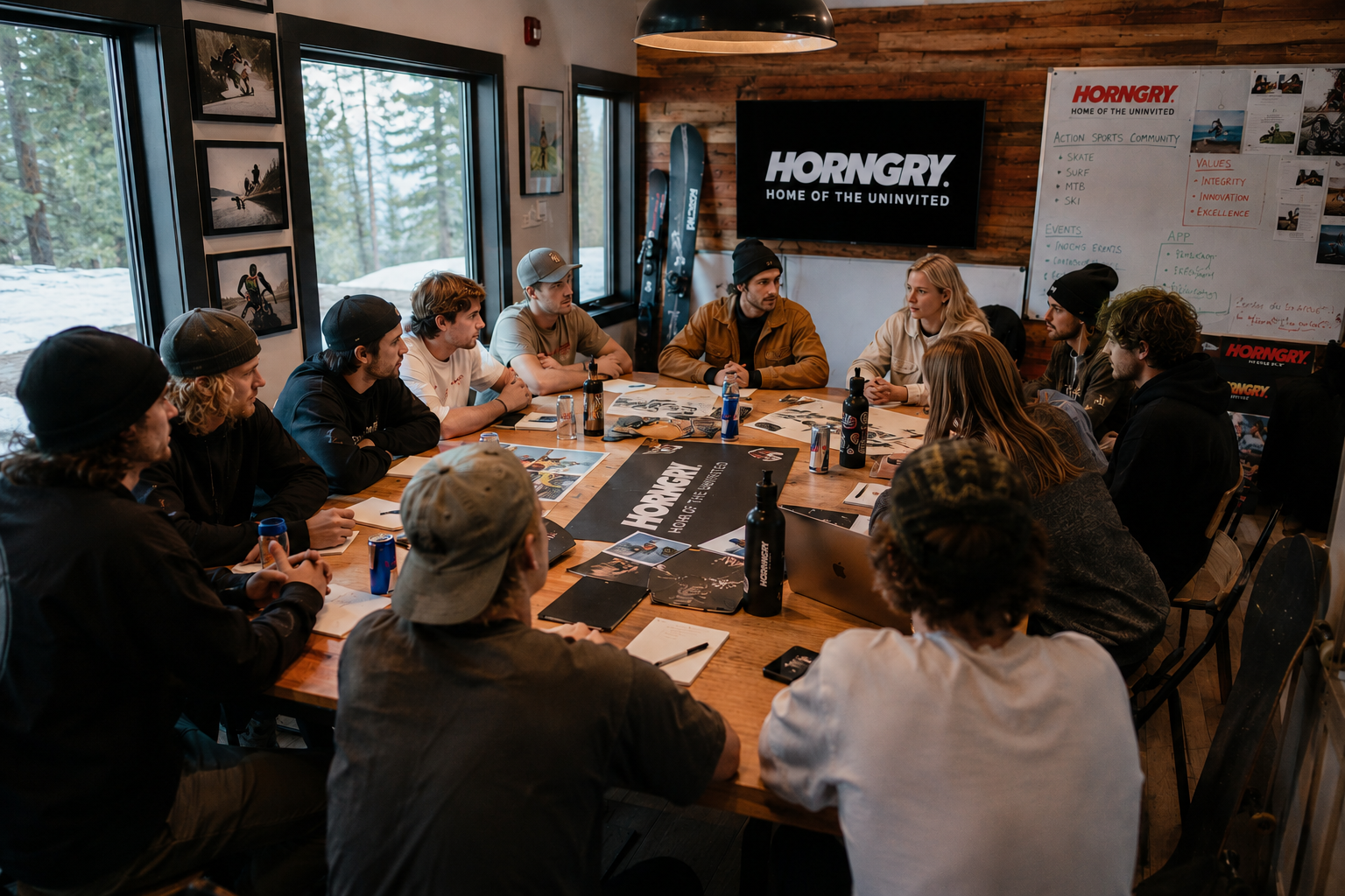 The HORNGRY council of athletes meeting around a table